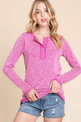 Reborn J Contrast Trim Half Button Long Sleeve T-Shirt - Trendsi - Flyclothing LLC