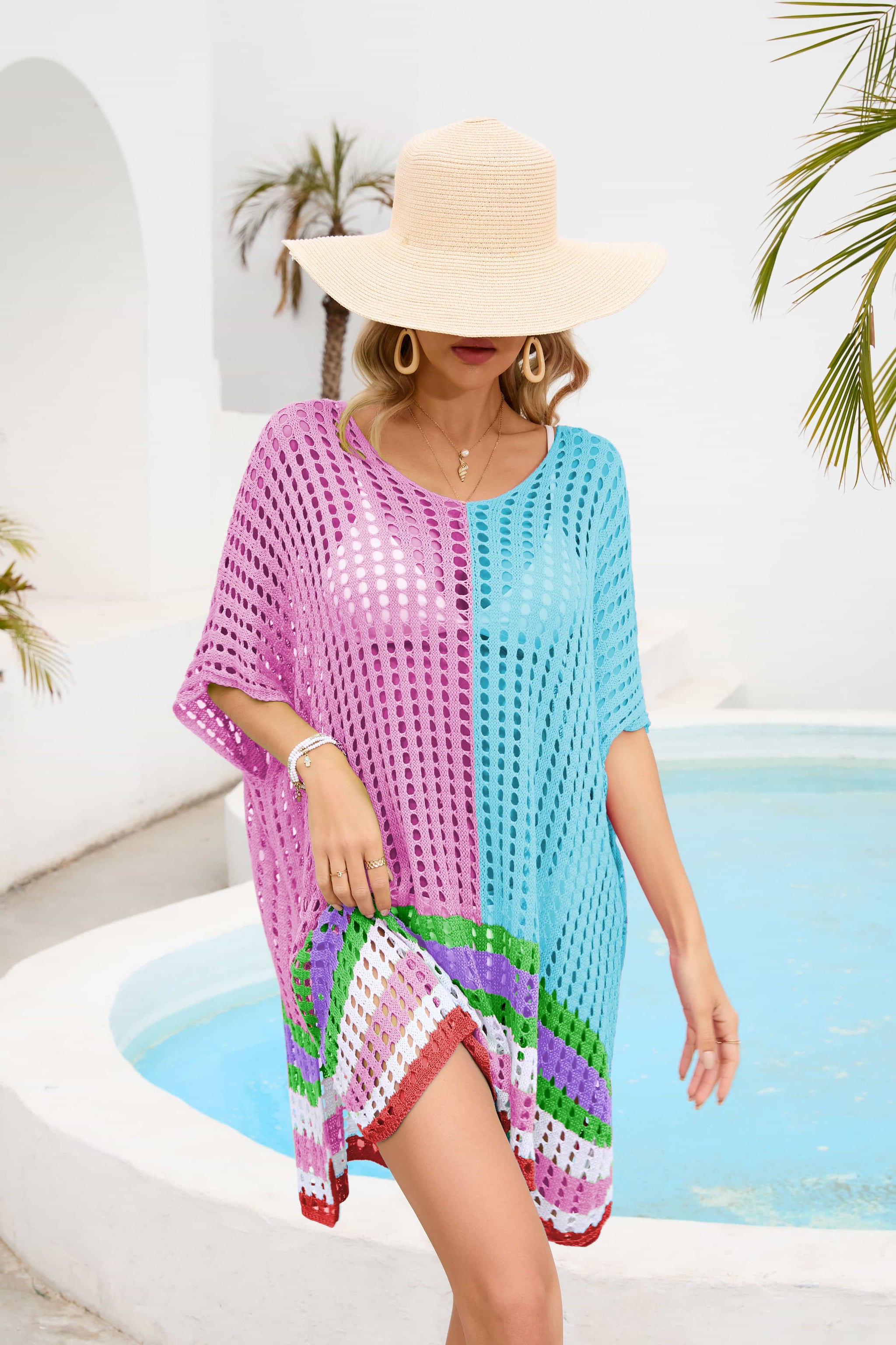 Contrast Scoop Neck Openwork Half Sleeve Cover Up - Trendsi - Flyclothing LLC