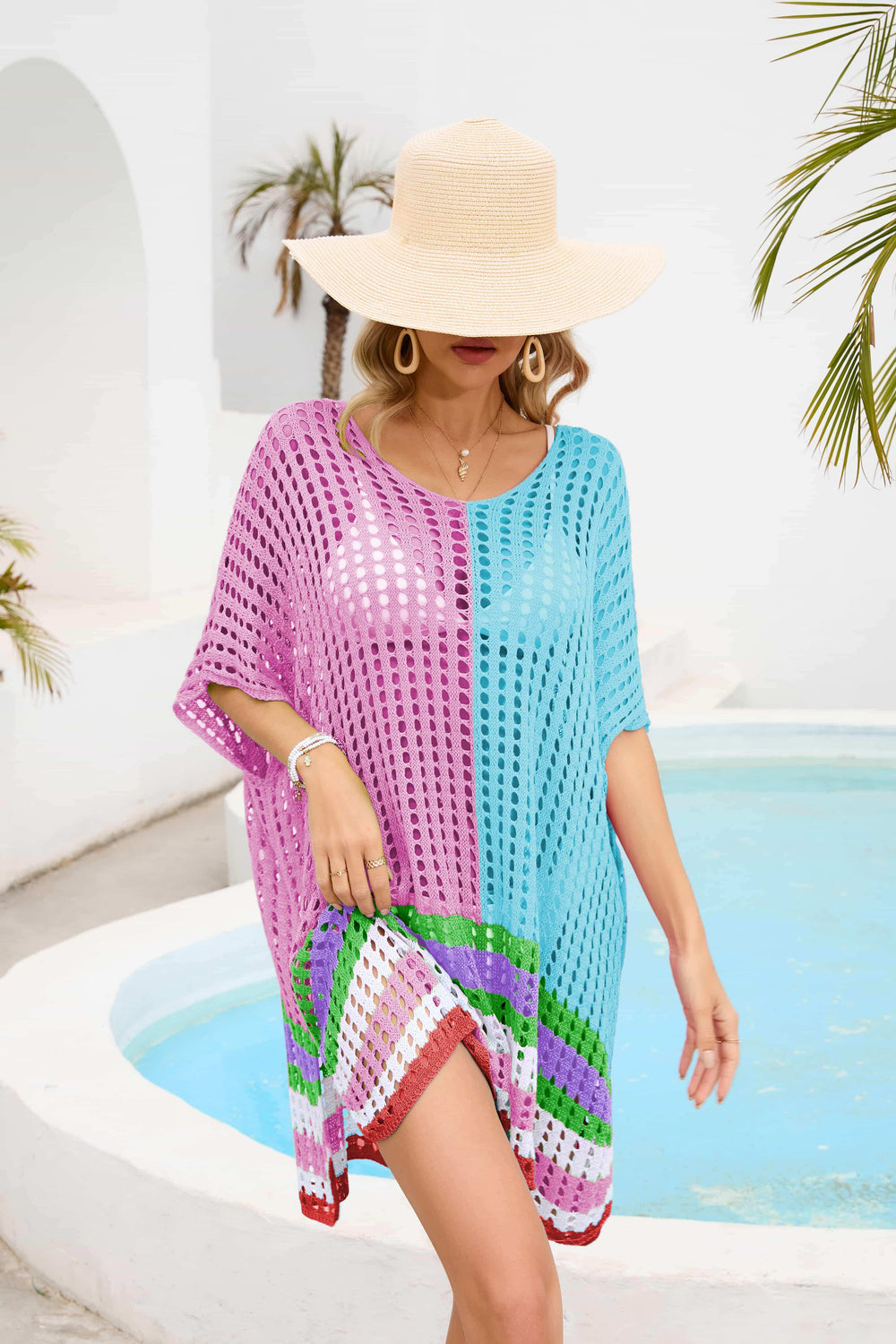 Contrast Scoop Neck Openwork Half Sleeve Cover Up - Trendsi - Flyclothing LLC