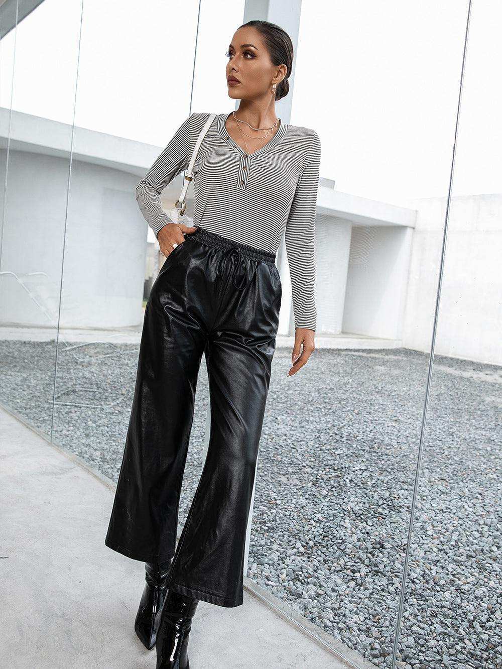 Striped Buttoned V-Neck Long Sleeve Top - Trendsi - Flyclothing LLC