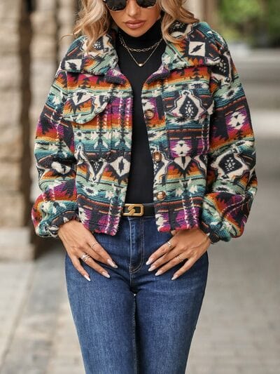 Geometric Dropped Shoulder Balloon Sleeve Outerwear - Trendsi