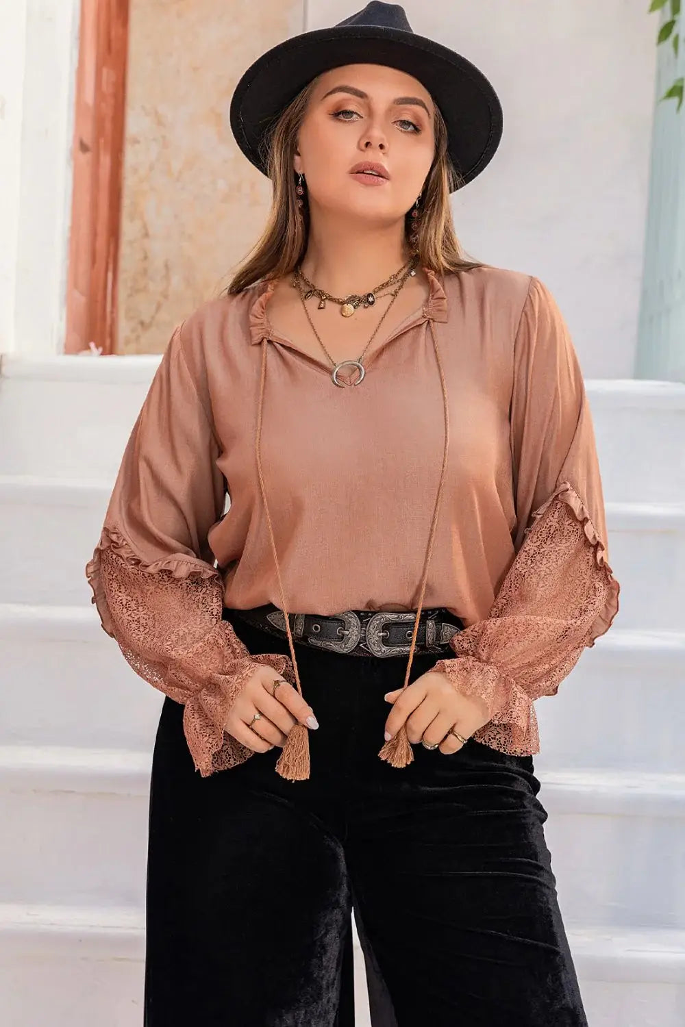 Plus Size Tie Neck Flounce Sleeve Blouse - Trendsi - Flyclothing LLC