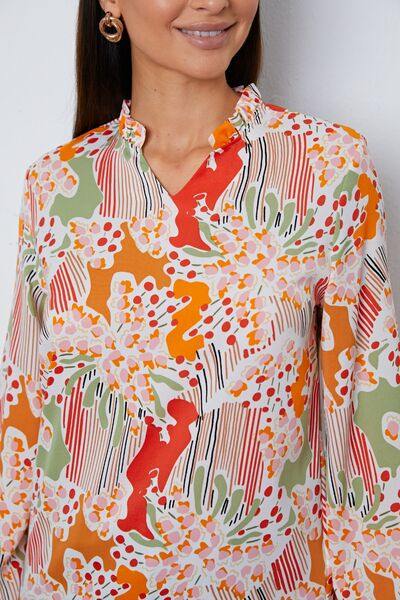 Floral Frill Notched Long Sleeve Blouse - Trendsi