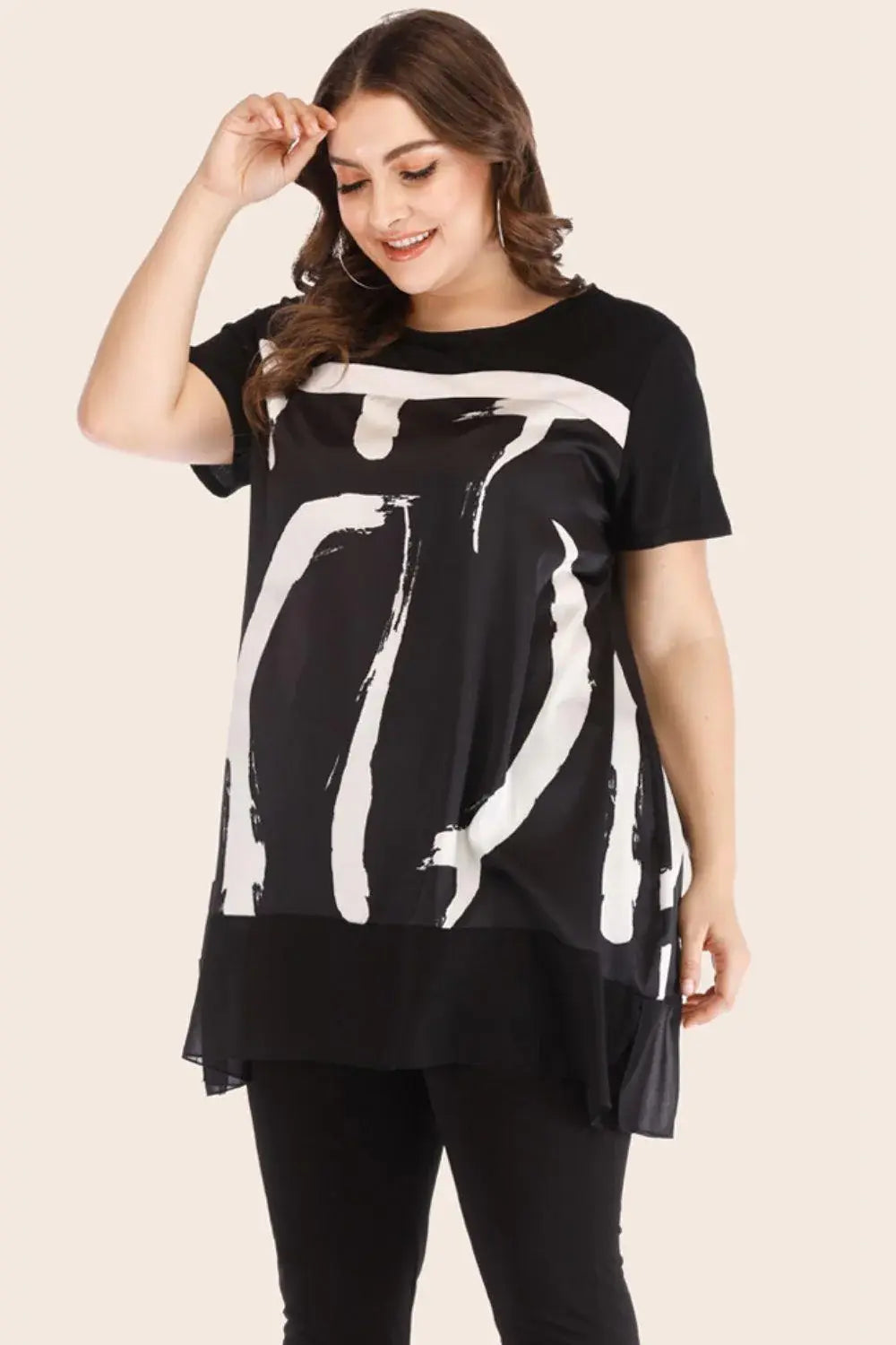 Plus Size Contrast Spliced Mesh T-Shirt and Cropped Leggings Set - Trendsi - Flyclothing LLC