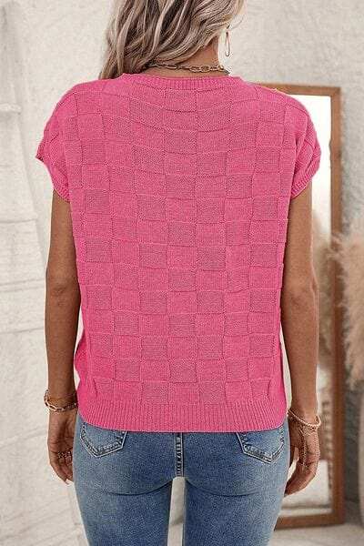 Pocketed Checkered Round Neck Knit Top - Trendsi - Flyclothing LLC