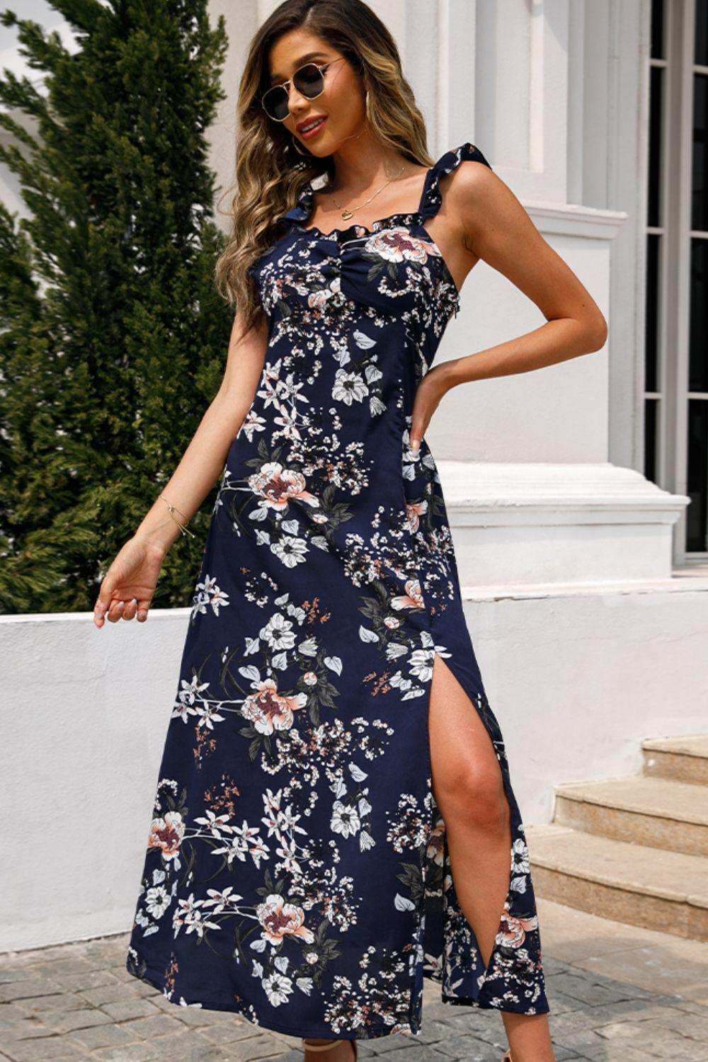 Floral Print Sleeveless Square Neck Slit Midi Dress - Trendsi - Flyclothing LLC