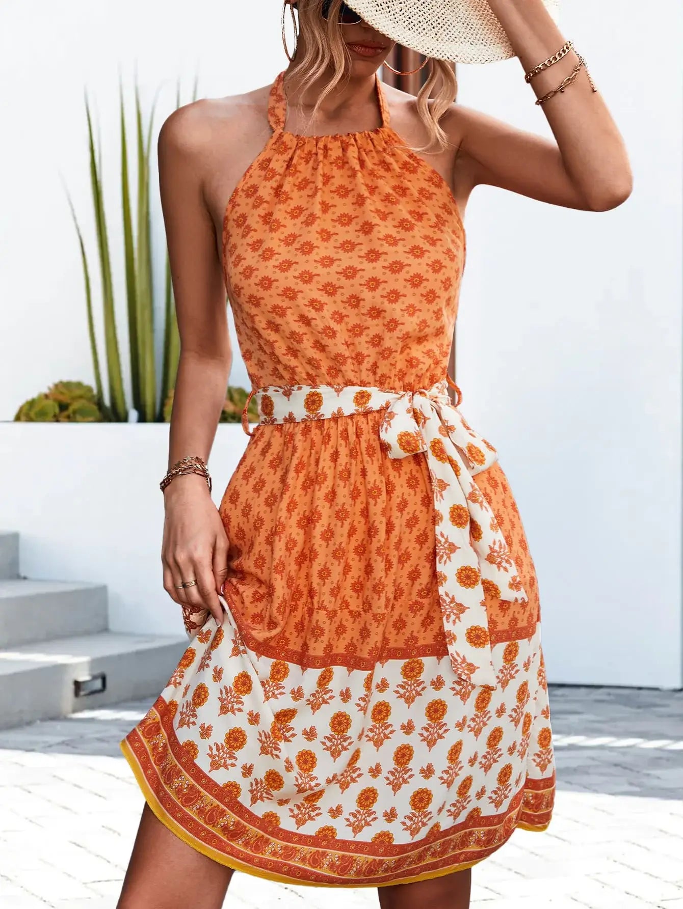 Floral Halter Neck Tie Waist Dress - Trendsi - Flyclothing LLC