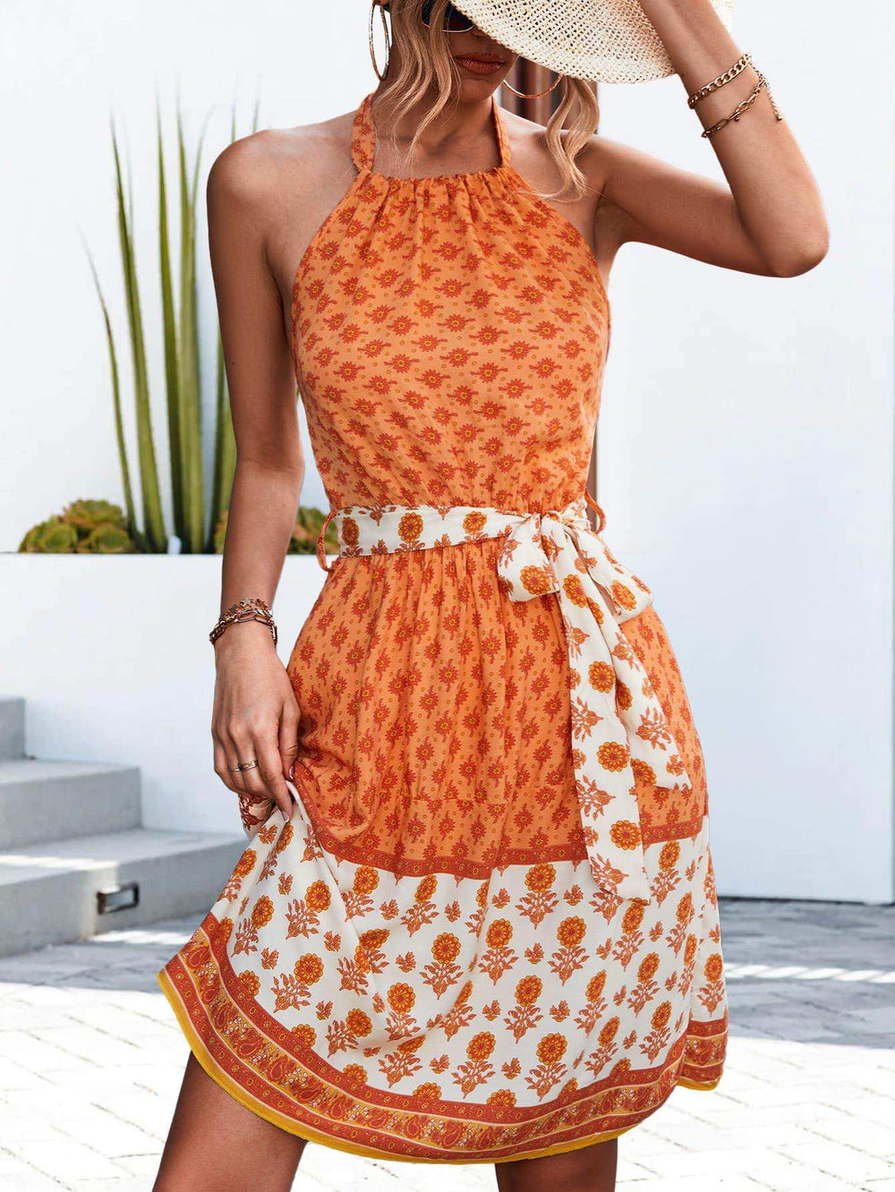 Floral Halter Neck Tie Waist Dress - Trendsi - Flyclothing LLC