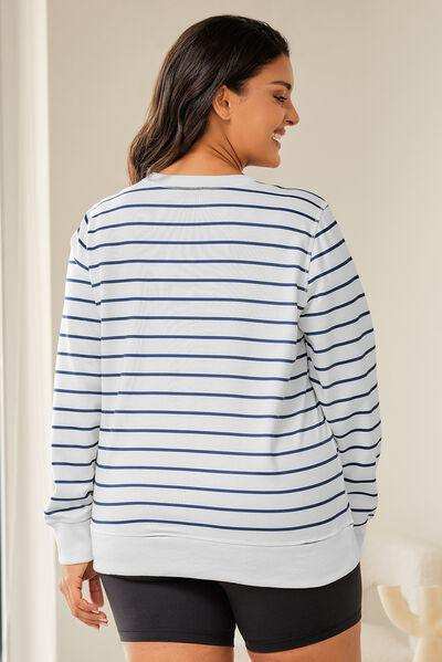 Plus Size Striped Round Neck Long Sleeve T-Shirt - Trendsi - Flyclothing LLC