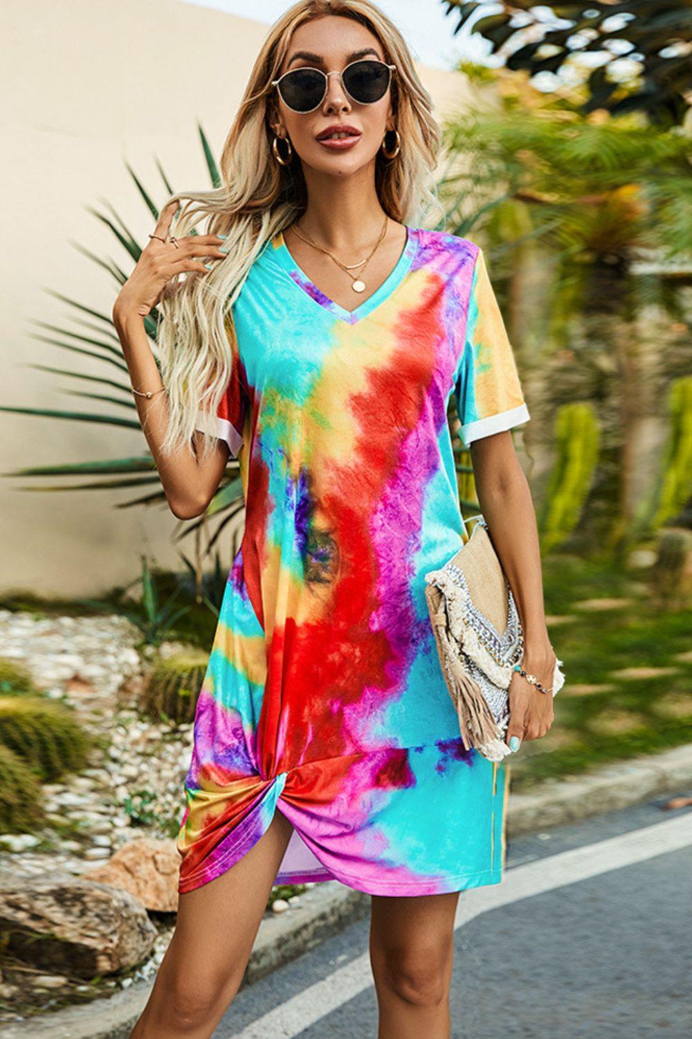 Twisted V-Neck Short Sleeve Dress - Flyclothing LLC