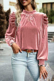 Tie Up Mock Neck Velvet Fabric Long Sleeve Blouse - Trendsi - Flyclothing LLC