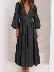 Deep V-Neck Balloon Sleeve Plain Maxi Dress - Trendsi
