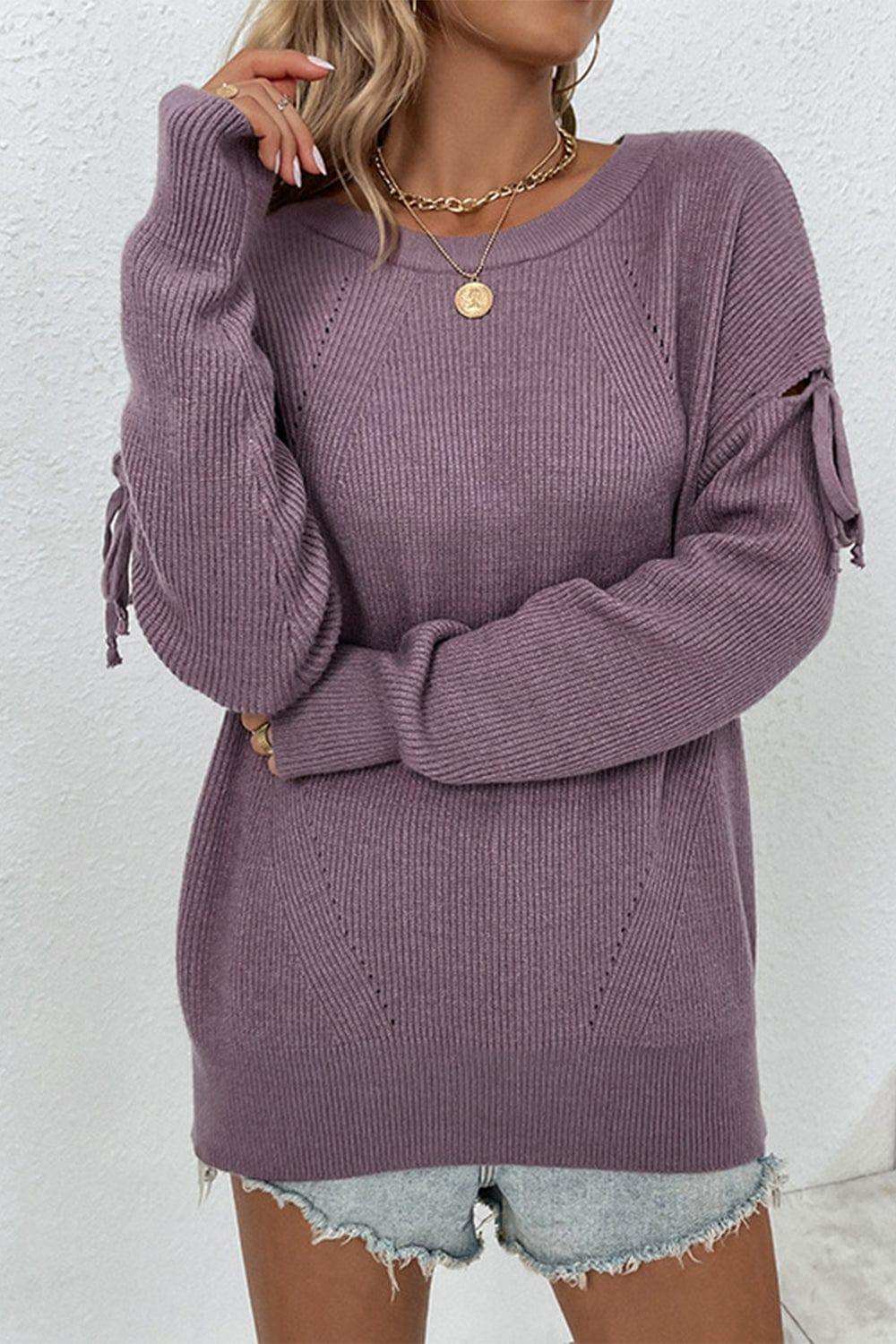 Round Neck Dropped Shoulder Sweater - Trendsi - Flyclothing LLC