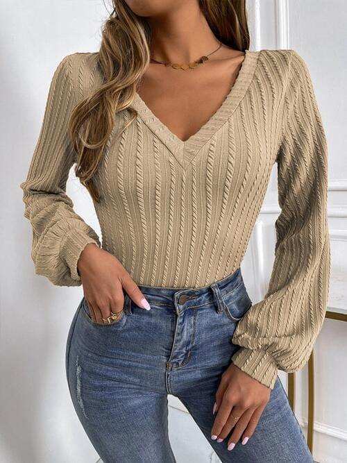Cable-Knit V-Neck Long Sleeve Knit Top - Trendsi - Flyclothing LLC
