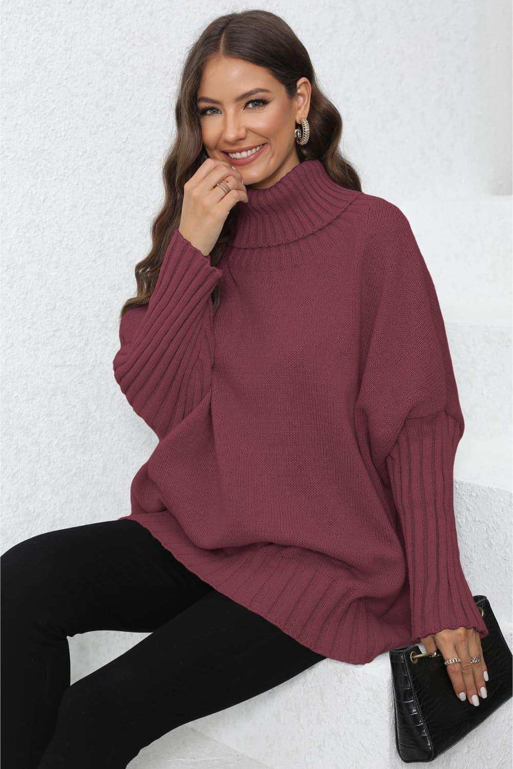 Turtle Neck Long Sleeve Ribbed Sweater - Trendsi - Flyclothing LLC