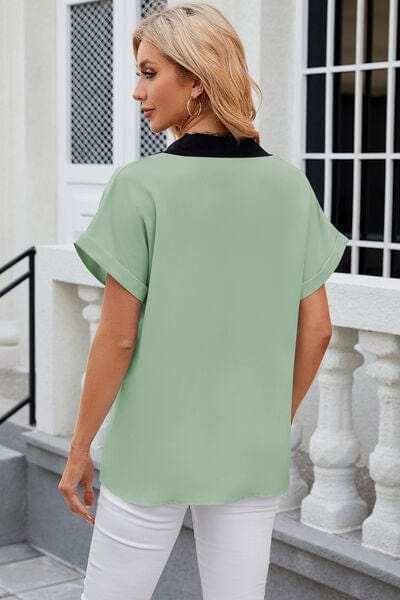 Contrast Johnny Collar Short Sleeve Blouse - Trendsi - Flyclothing LLC