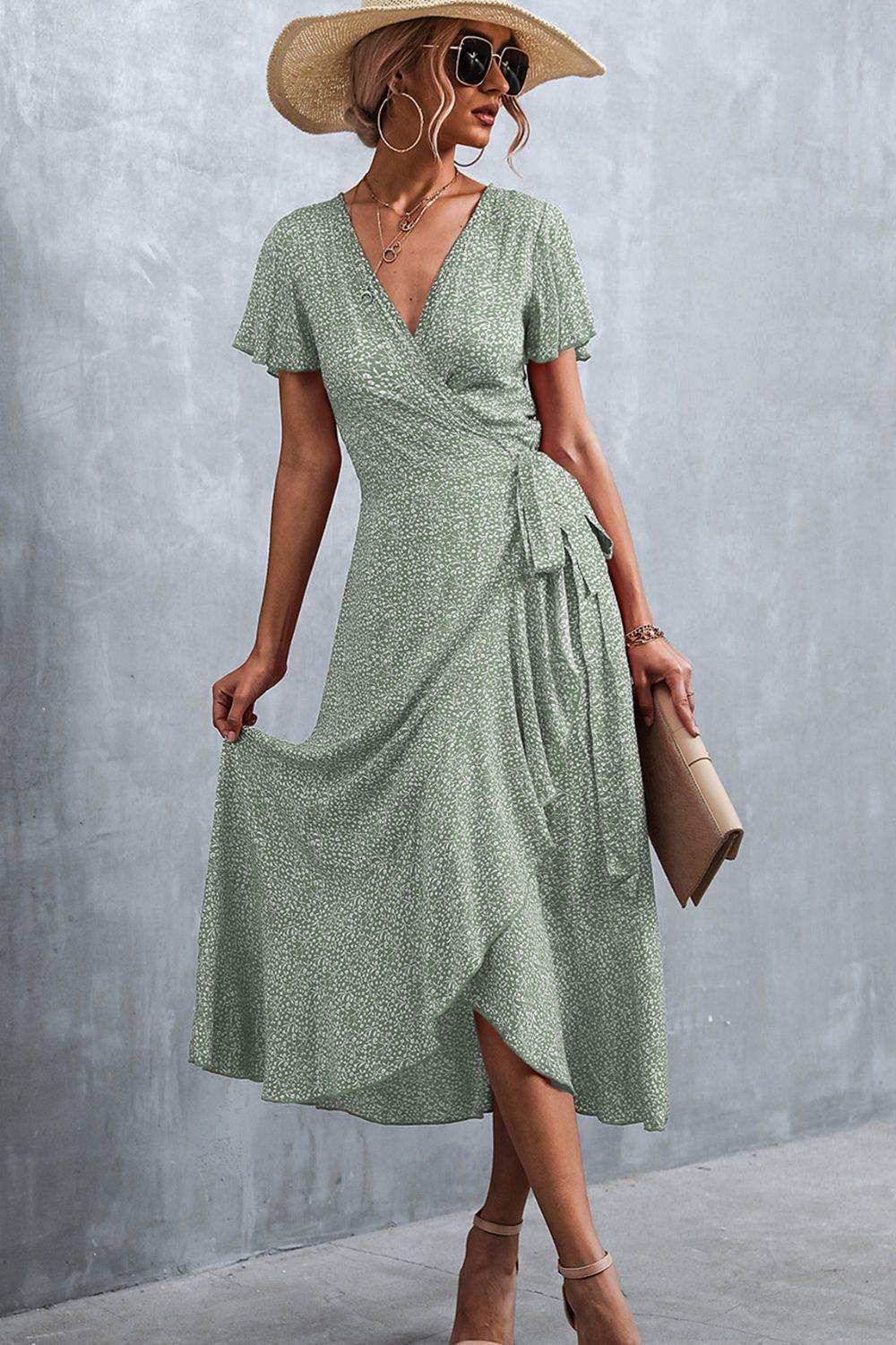 Floral Surplice Neck Tied Midi Dress - Trendsi - Flyclothing LLC