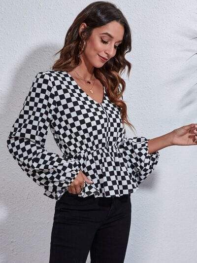 Checkered V-Neck Balloon Sleeve Peplum Blouse - Trendsi - Flyclothing LLC