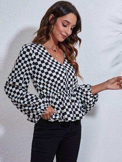 Checkered V-Neck Balloon Sleeve Peplum Blouse - Trendsi - Flyclothing LLC