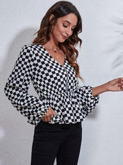 Checkered V-Neck Balloon Sleeve Peplum Blouse - Trendsi