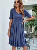 Pleated V-Neck Short Sleeve Tee Dress - Trendsi - Flyclothing LLC