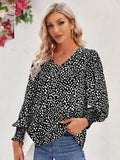 Printed V-Neck Lantern Sleeve Blouse - Trendsi