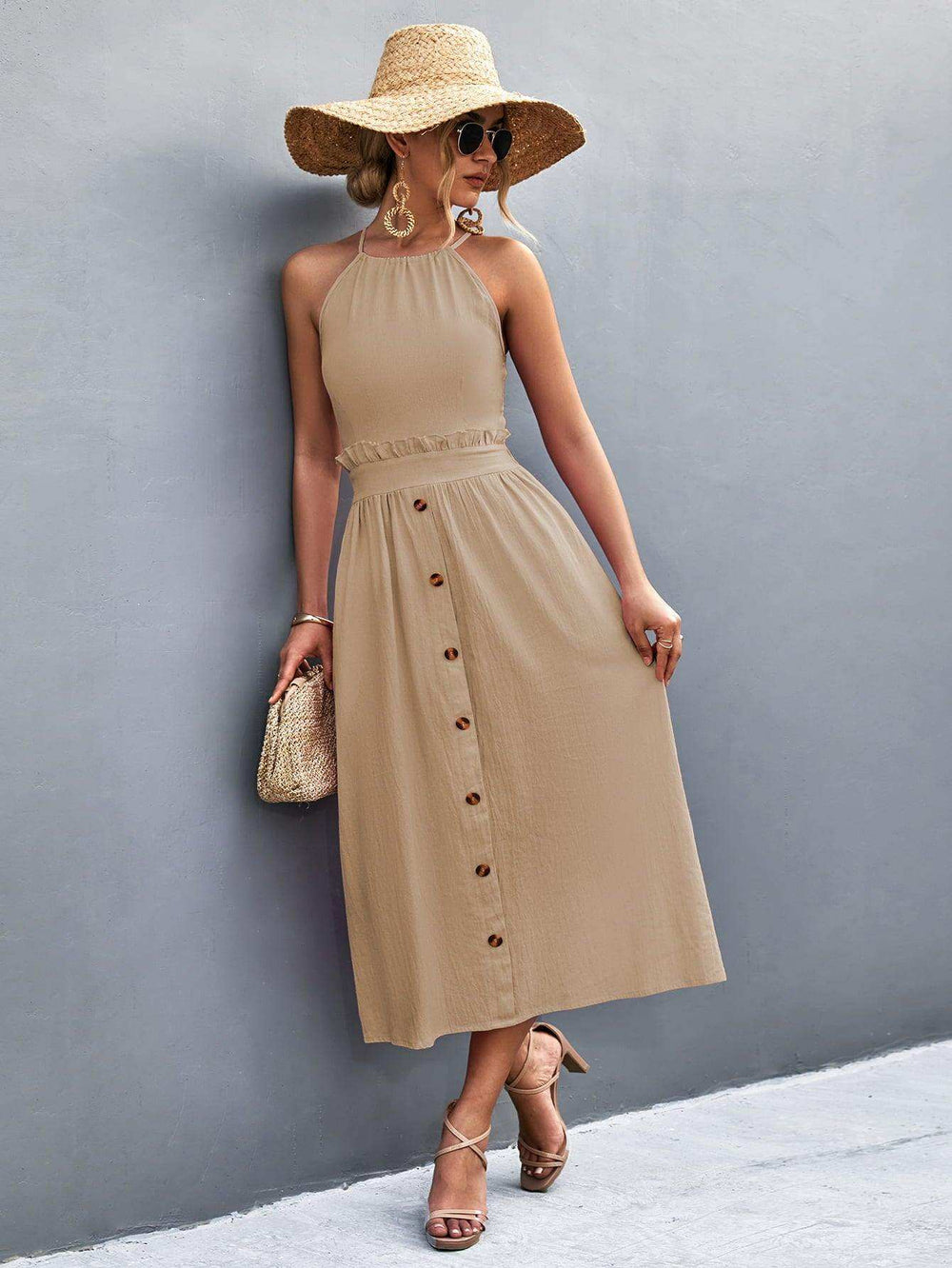 Buttoned Halter Neck Frill Trim Midi Dress - Trendsi - Flyclothing LLC