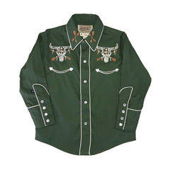 Rockmount Clothing Kid's Vintage Green Steer Skull & Arrow Chain Stitch Embroidery Western Shirt