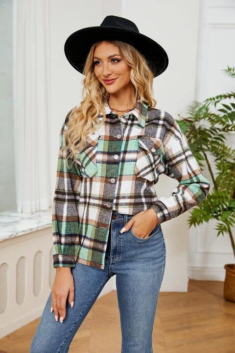 Collared Plaid Shacket - Trendsi