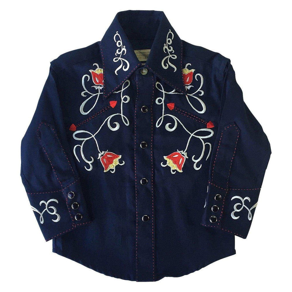 Kid's Art Deco Floral Embroidery Navy Western Shirt - Rockmount Clothing - Flyclothing LLC