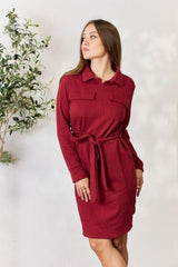Culture Code Full Size Tie Front Half Zip Long Sleeve Shirt Dress - Trendsi