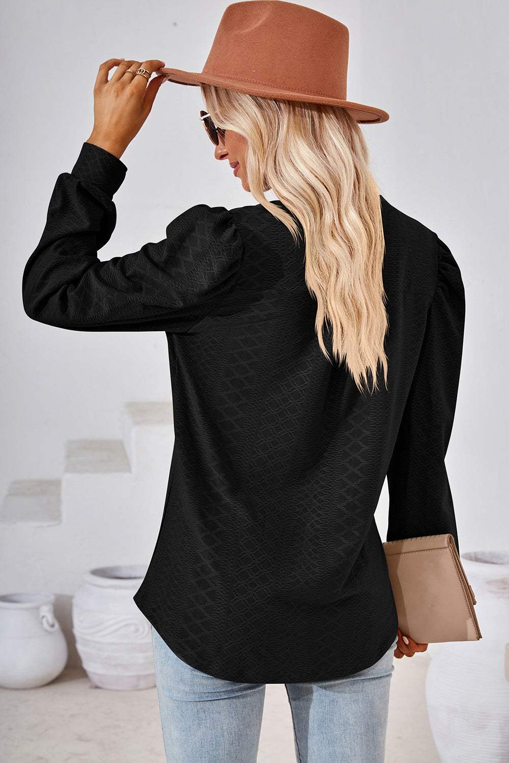 Ruched Notched Long Sleeve T-Shirt - Trendsi - Flyclothing LLC