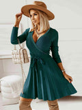 Surplice Neck Tie Front Pleated Sweater Dress - Trendsi