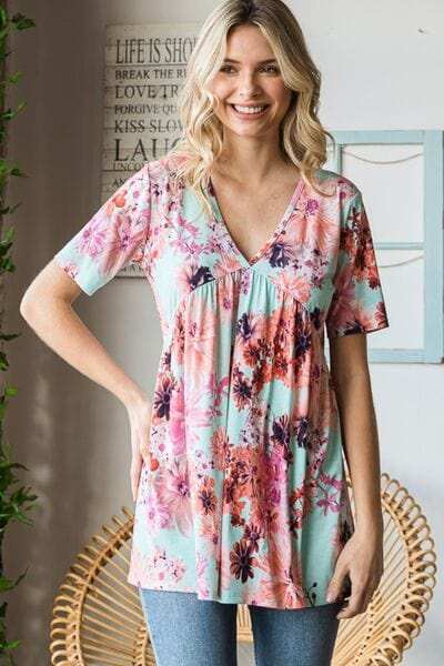 Heimish Full Size Floral V-Neck Short Sleeve Babydoll Blouse - Trendsi - Flyclothing LLC