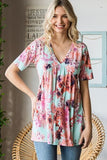 Heimish Full Size Floral V-Neck Short Sleeve Babydoll Blouse - Trendsi