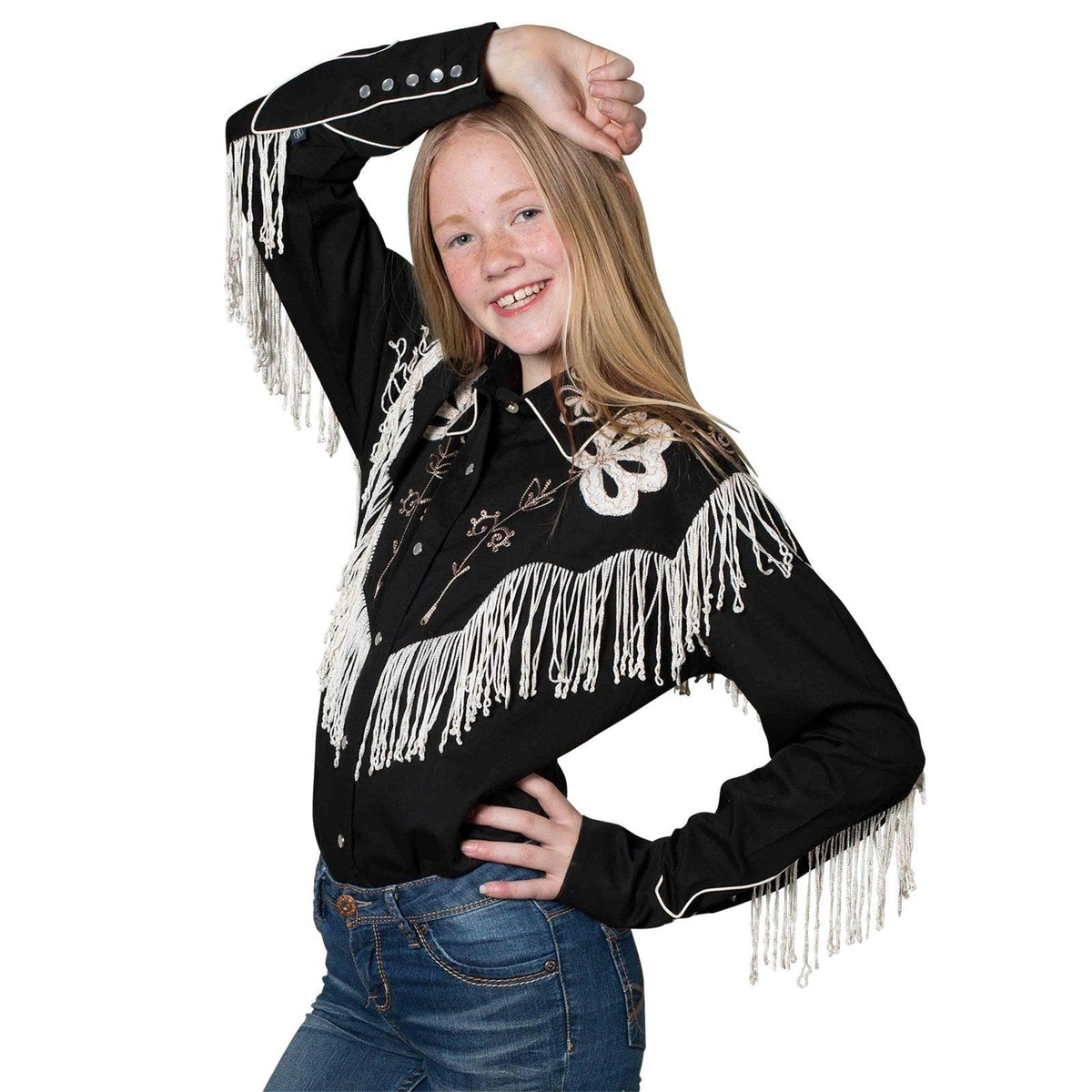 Rockmount Ranch Wear Kids Embroidered Fringe Cotton Black Western Shirt - Flyclothing LLC