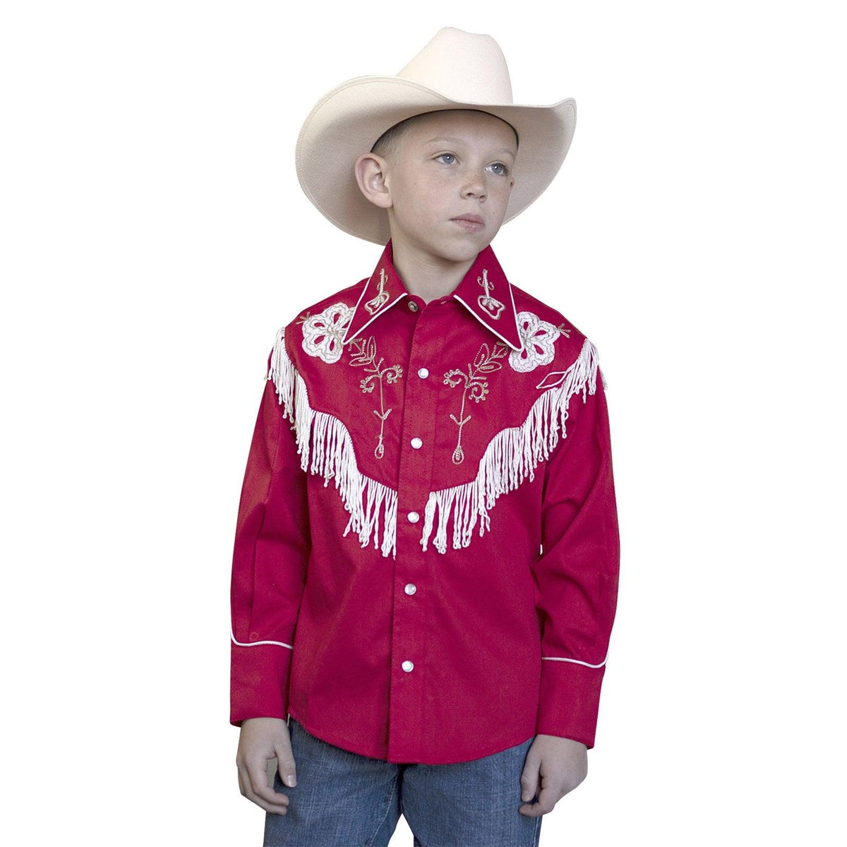 Kid's Embroidered Vintage Fringe Red Western Shirt - Flyclothing LLC