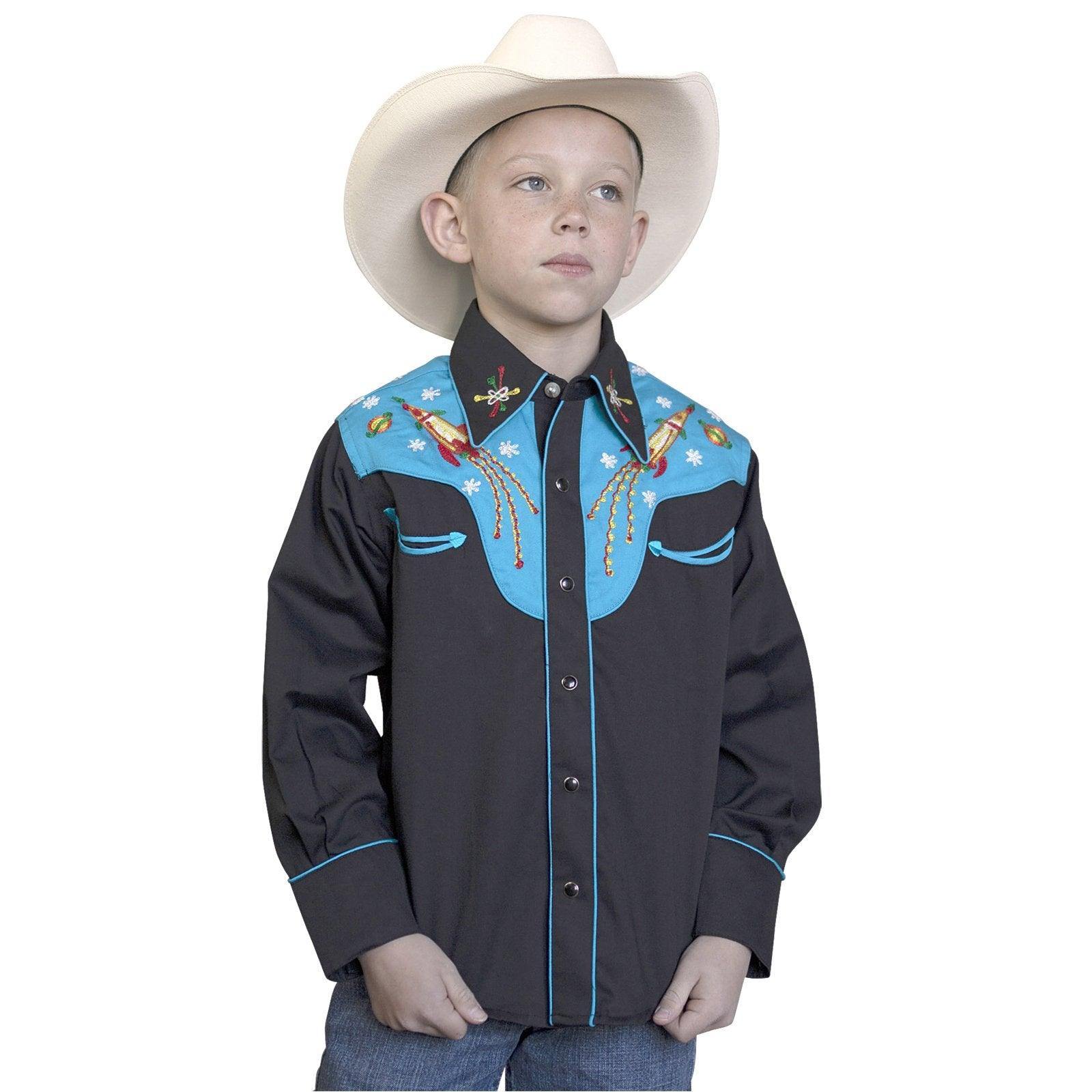 Kid's 2-Tone Space Cowboy Embroidered Western Shirt in Black & Turquoise - Rockmount Clothing