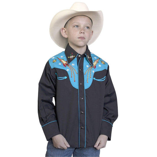 Kid's 2-Tone Space Cowboy Embroidered Western Shirt in Black & Turquoise - Rockmount Clothing