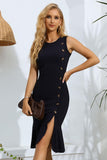 Decorative Button Split Ribbed Sleeveless Knit Dress - Trendsi