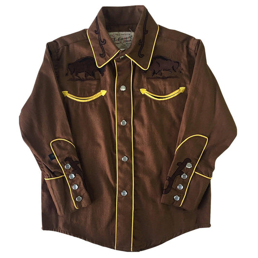 Kid's Embroidered Bison Western Shirt in Cocoa Brown - Rockmount Clothing