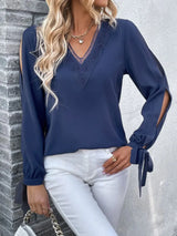 V-Neck Tie Cuff Slit Blouse - Trendsi - Flyclothing LLC