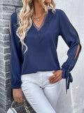 V-Neck Tie Cuff Slit Blouse - Trendsi - Flyclothing LLC