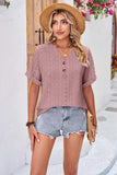Buttoned Notched Neck Eyelet Top - Trendsi - Flyclothing LLC