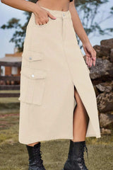 Slit Front Midi Denim Skirt with Pockets - Trendsi - Flyclothing LLC