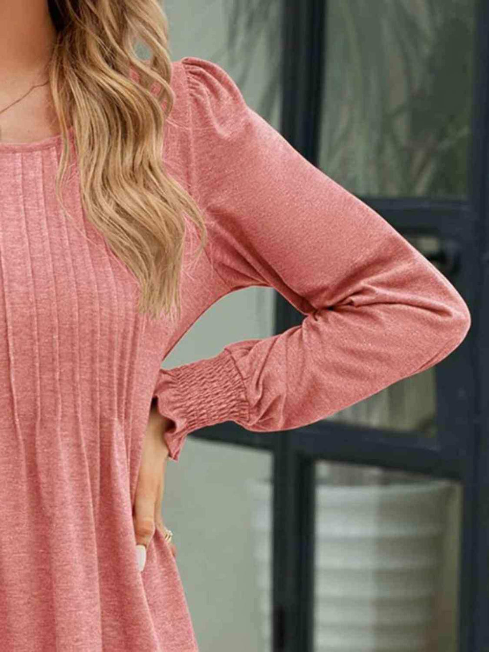 Smocked Round Neck Lantern Sleeve Blouse - Trendsi - Flyclothing LLC