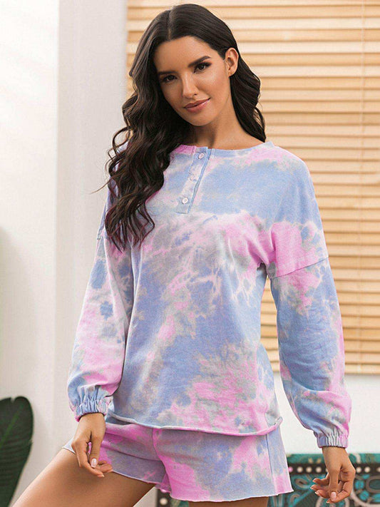Tie-Dye Long Sleeve Top and Shorts Lounge Set - Trendsi - Flyclothing LLC