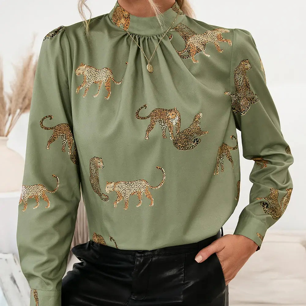 Leopard Graphic Mock Neck Puff Sleeve Blouse - Trendsi - Flyclothing LLC