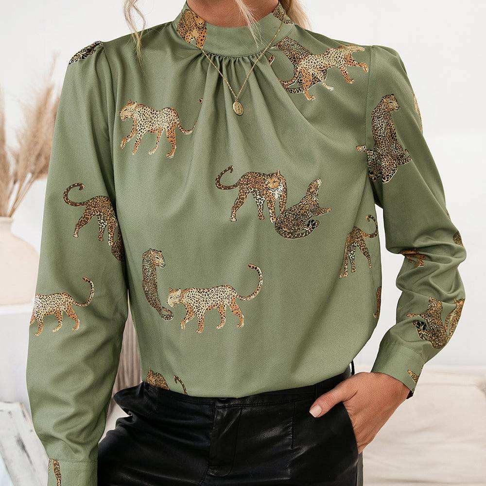 Leopard Graphic Mock Neck Puff Sleeve Blouse - Trendsi - Flyclothing LLC