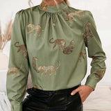 Leopard Graphic Mock Neck Puff Sleeve Blouse - Trendsi - Flyclothing LLC
